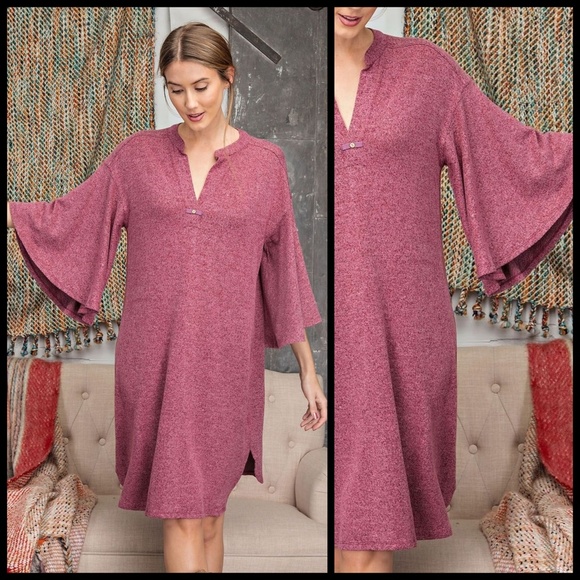 EASEL Hacci Knit Sweater Dress Mandarin Collar V-Neck & Statement Bell Sleeves - Picture 12 of 16